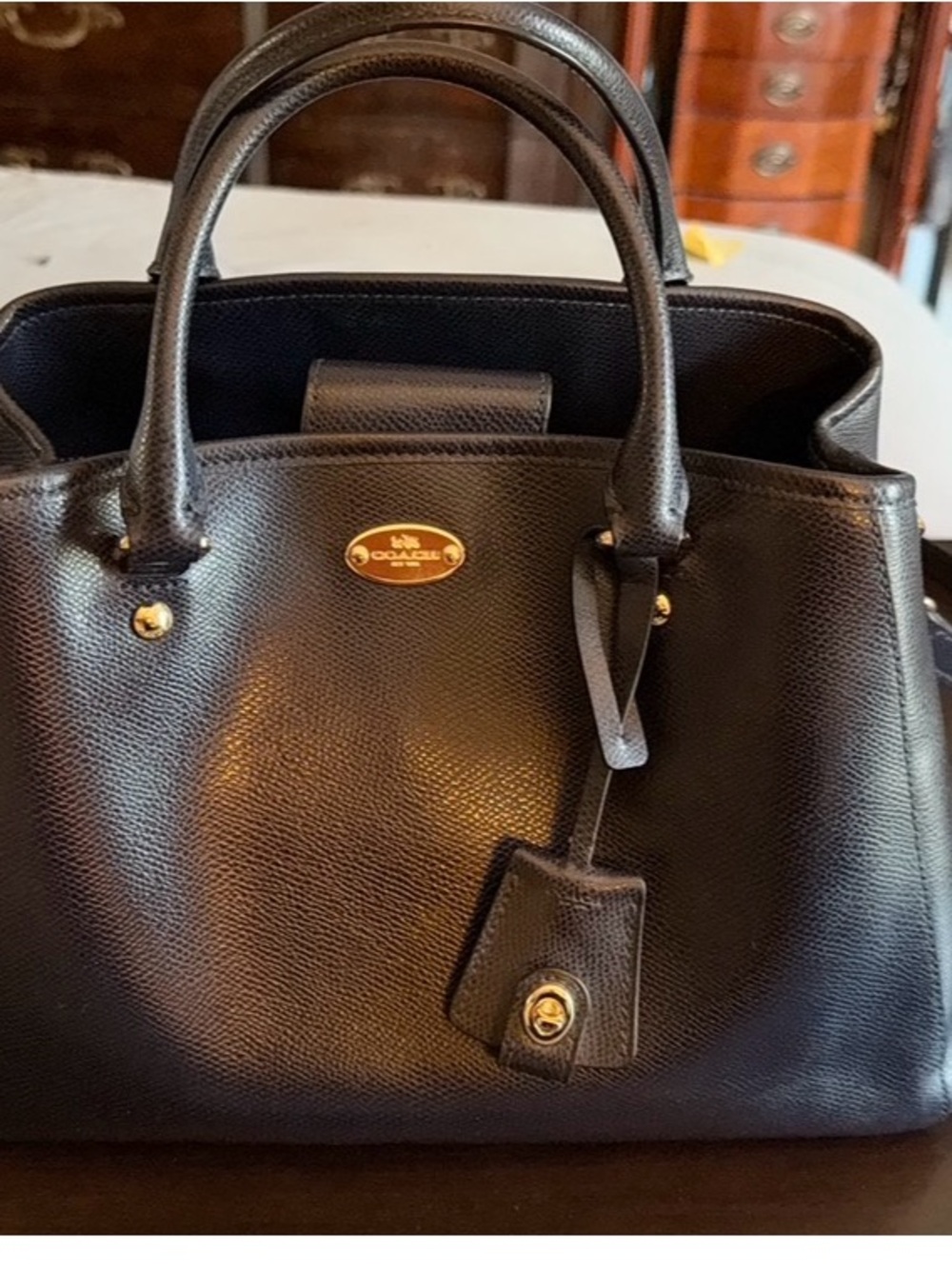 Coach Navy Leather Crossbody with Gold Plaque